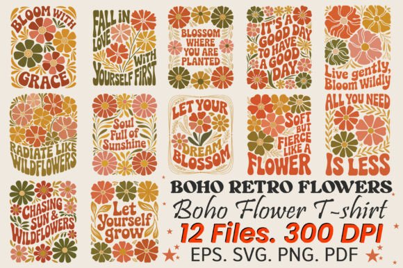 Boho Retro Flowers T-shirt Bundle: Graphics for Crafts Brands